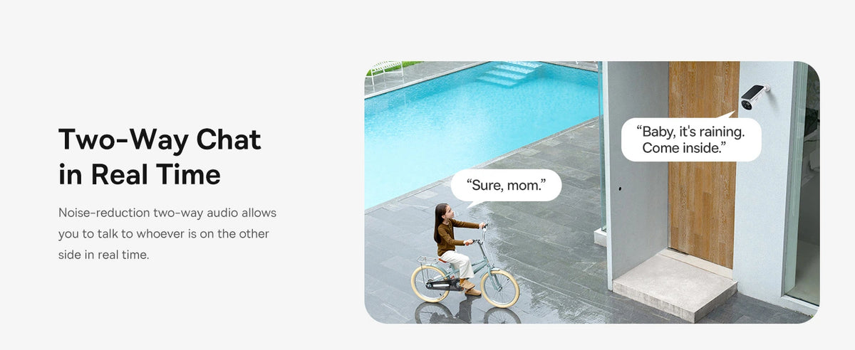 A child chat play bike outside the door and char with mom using basues security camera