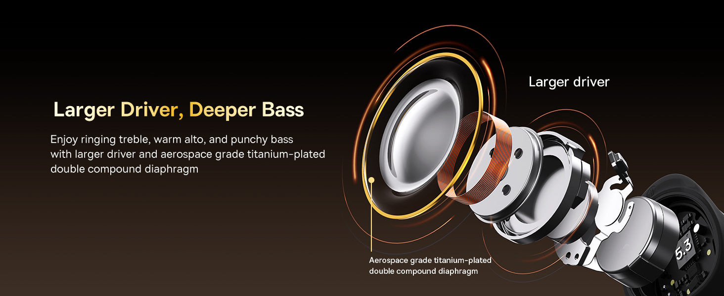 Larger Driver, Deeper Bass Enjoy ringing treble, warm alto, and punchy bass with larger driver and aerospace grade titanium-plated double compound diaphragm