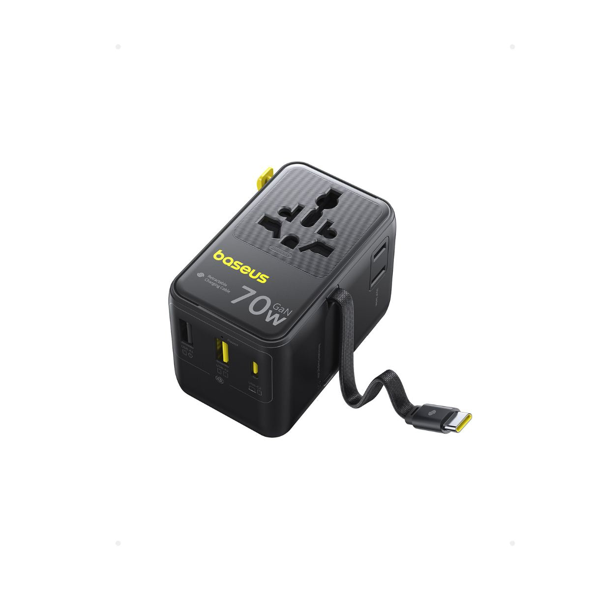 Baseus Enercore Adattatore Da Viaggio Universale 70W Con Cavo USB-C Estraibile – 2AC + 2USB-A + USB-C Per USA, UK, EU, AU E Oltre 200 Paesi