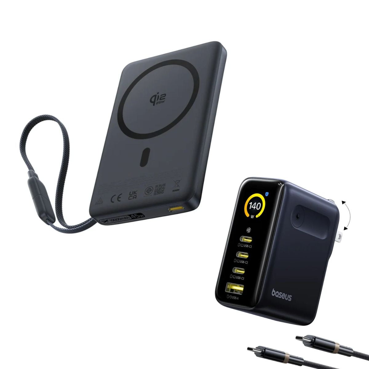 Baseus PicoGo AM52 With Built-in Cable 10000mAh Power Bank + PicoGo AH11 3C+U 140W Charger Bundle